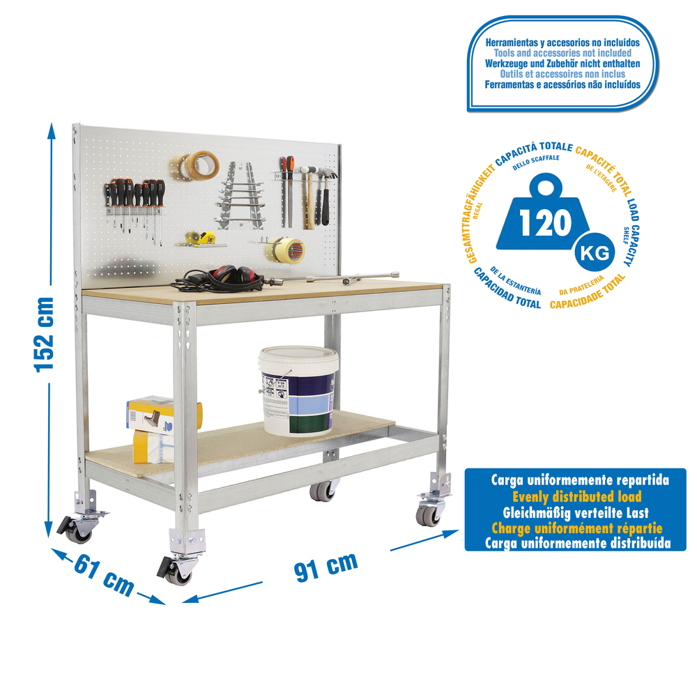 Kit établi mobile Bricolage - 1520x910x610 - 2 niveaux Bois - SIMON RACK - 8435104984772