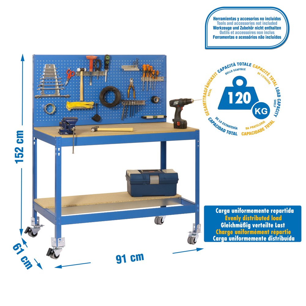 Kit établi mobile Bricolage - 1520x910x610 - 2 niveaux Bleu/Bois - SIMON RACK - 8435104984789