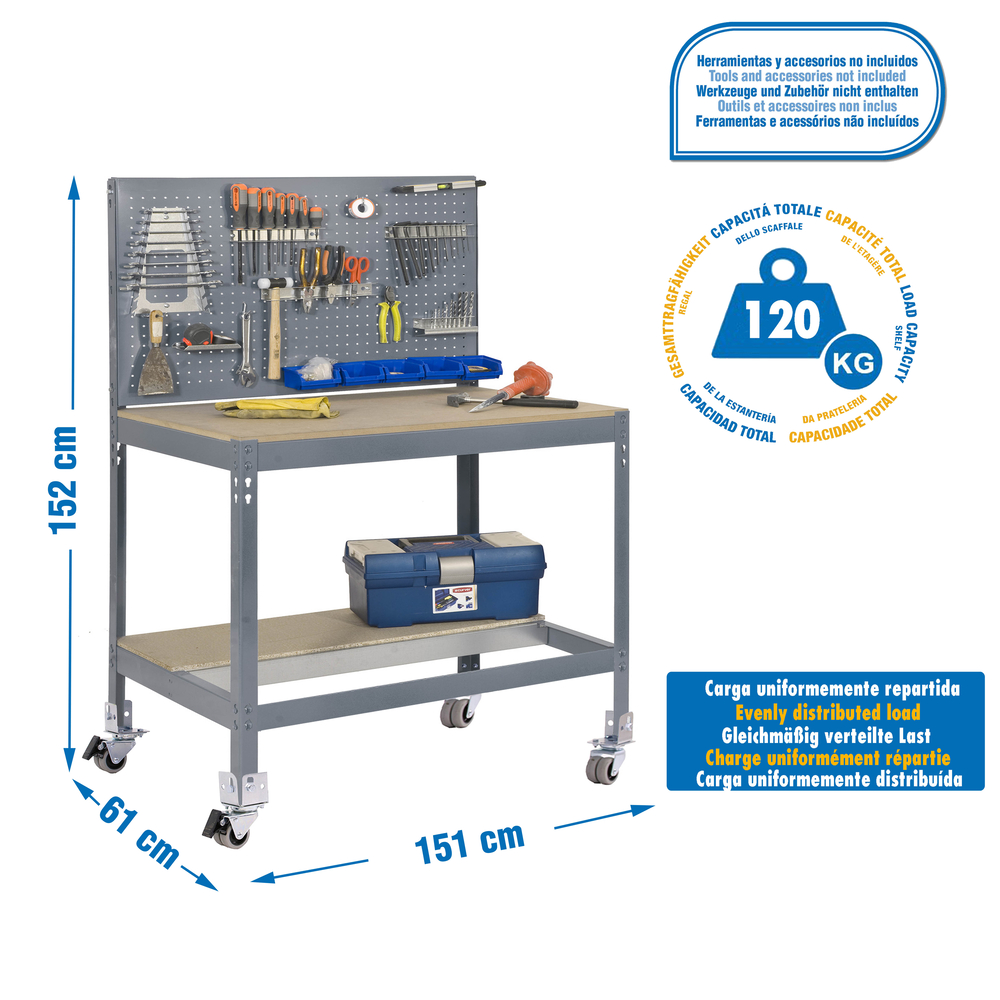 Kit établi mobile Bricolage - 1520x1510x610 - 2 niveaux Gris/Bois - SIMON RACK - 8435104984826