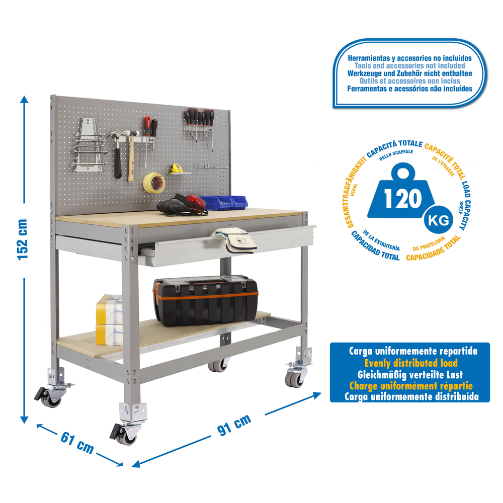 Kit établi mobile Bricolage - 1520x910x610 - 2 niveaux Gris/Bois - SIMON RACK - 8435104984857