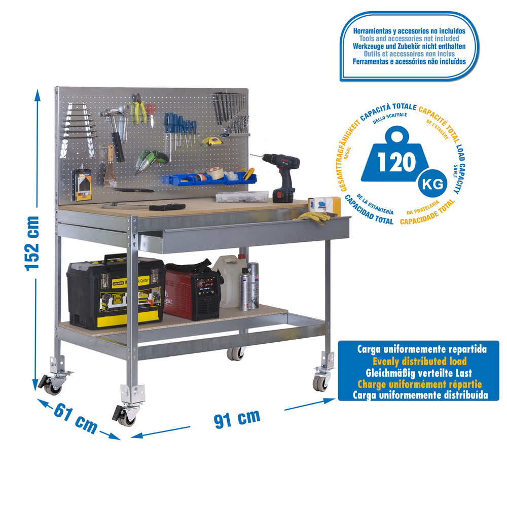 Kit établi mobile Bricolage - 1520x910x610 - 2 niveaux Bois - SIMON RACK - 8435104984864