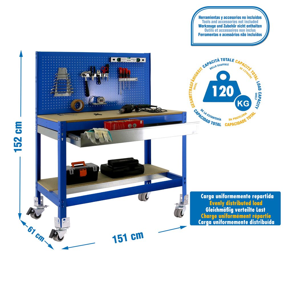 Kit établi mobile Bricolage - 1520x1510x610 - 2 niveaux Bleu/Bois - SIMON RACK - 8435104984932
