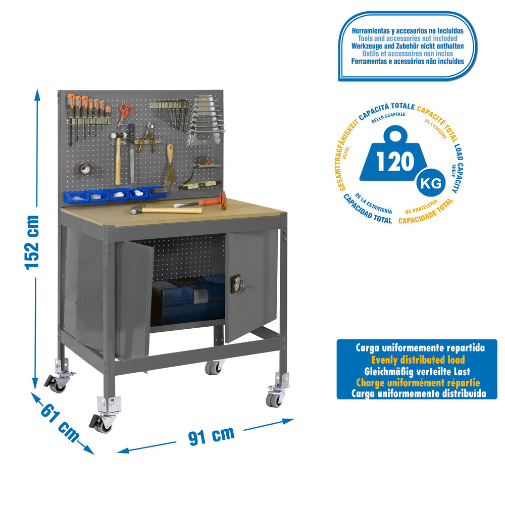 Kit établi mobile Bricolage - 1520x910x610 - 1 niveau Gris/Bois - SIMON RACK - 8435104984949