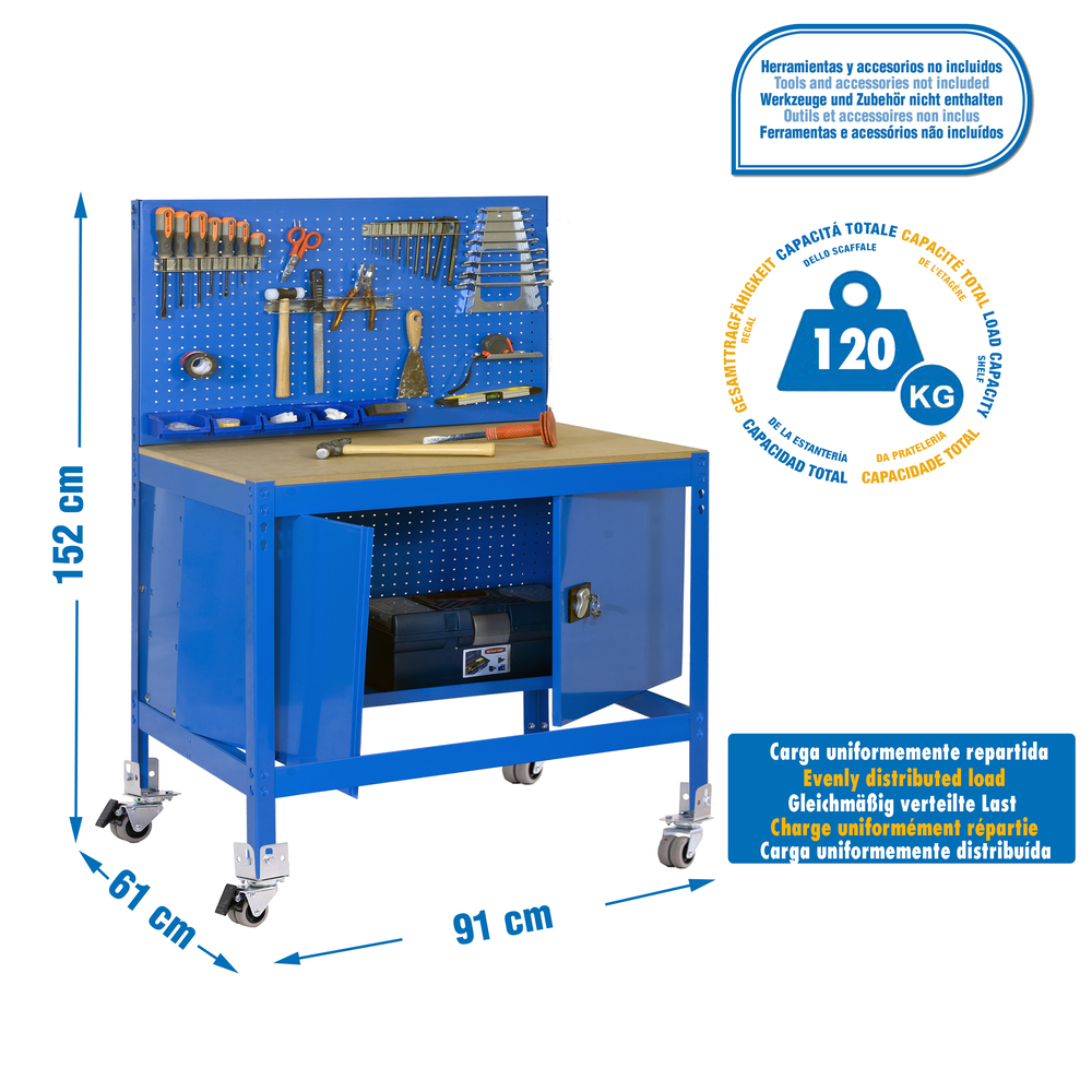 Kit établi mobile Bricolage - 1520x910x610 - 1 niveau Bleu/Bois - SIMON RACK - 8435104984956