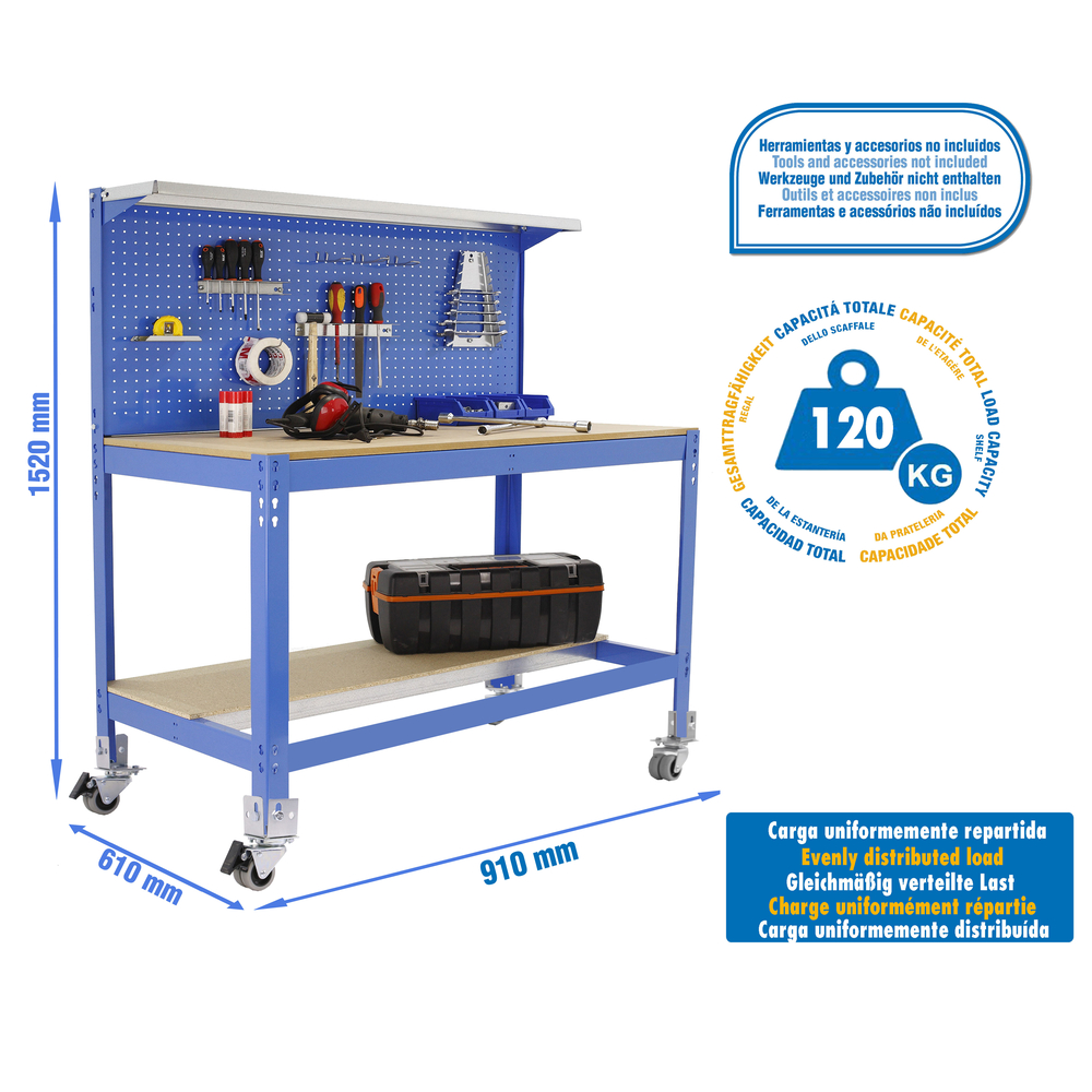 Kit établi mobile Bricolage - 1520x910x610 - 3 niveaux Bleu/Bois - SIMON RACK - 8435104984987