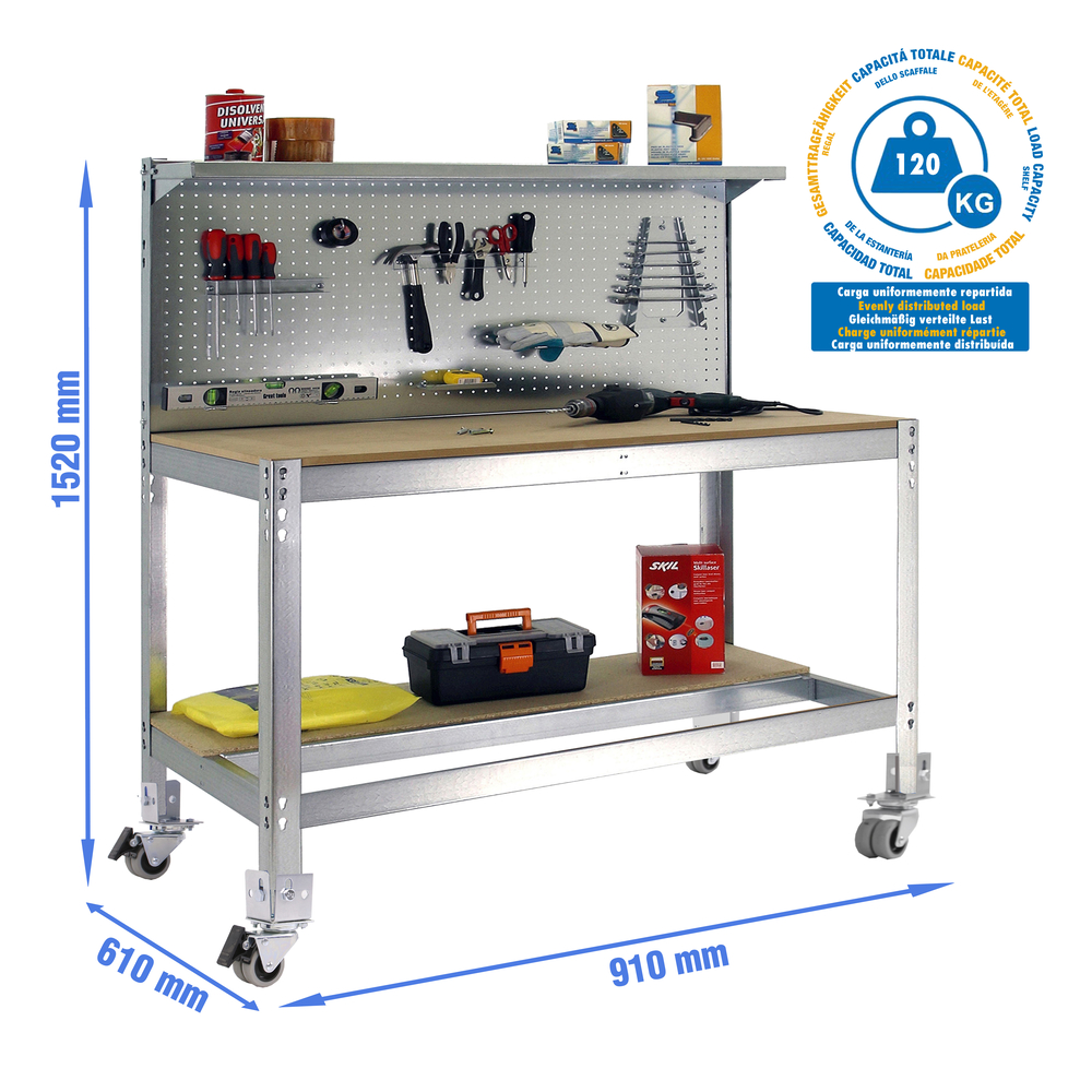 Kit établi mobile Bricolage - 1520x910x610 - 3 niveaux Bois - SIMON RACK - 8435104984994