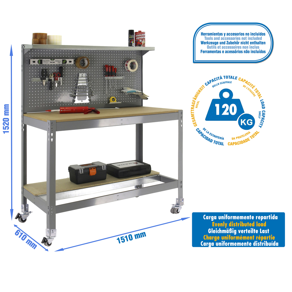 Kit établi mobile Bricolage - 1520x1510x610 - 3 niveaux Gris/Bois - SIMON RACK - 8435104985069