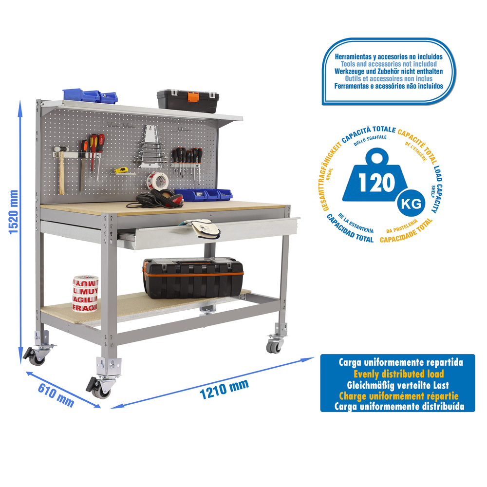 Kit établi mobile Bricolage - 1520x1210x610 - 3 niveaux Gris/Bois - SIMON RACK - 8435104985120