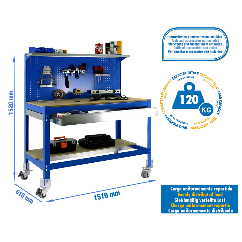Kit établi mobile Bricolage - 1520x1510x610 - 3 niveaux Bleu/Bois - SIMON RACK - 8435104985137