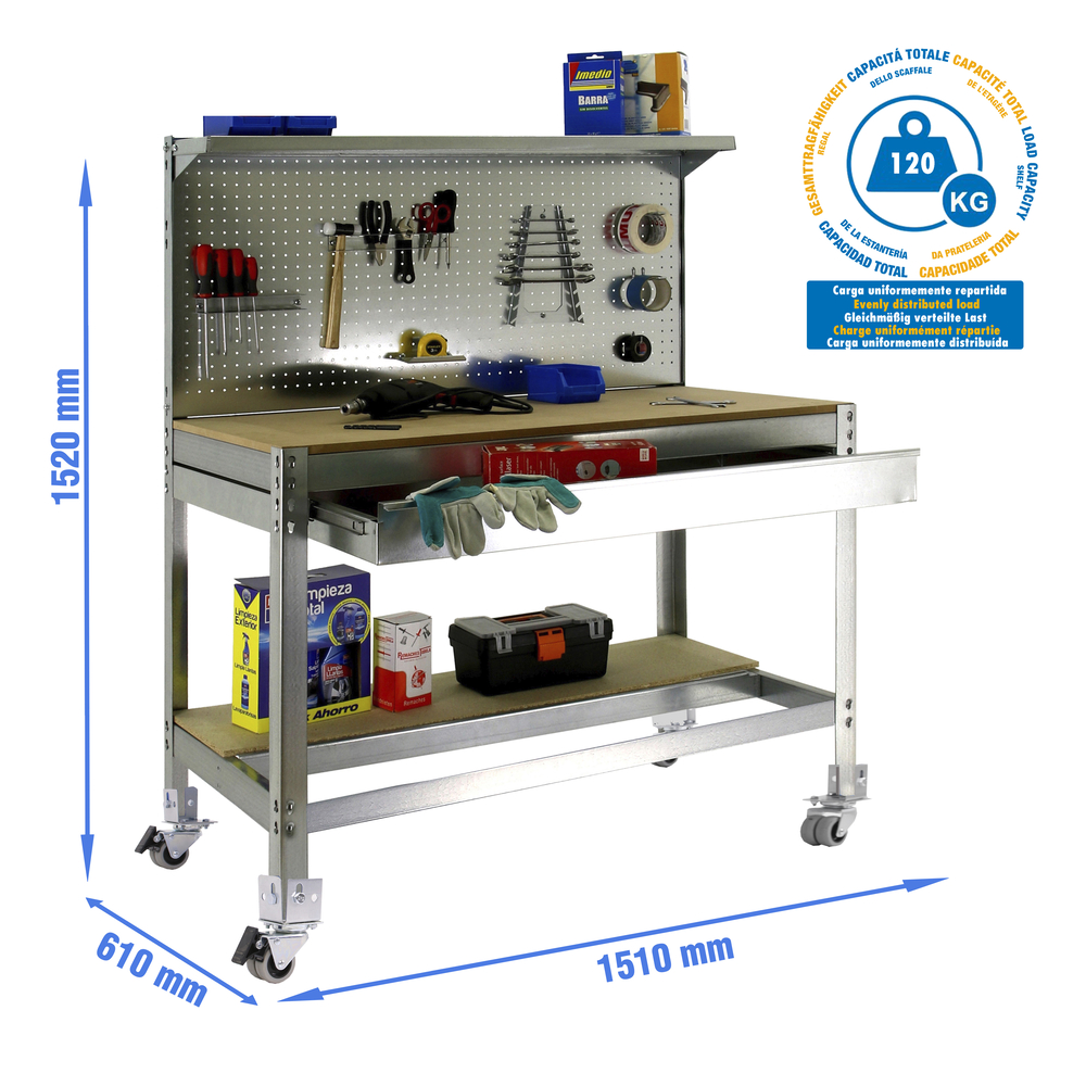 Kit établi mobile Bricolage - 1520x1510x610 - 3 niveaux Bois - SIMON RACK - 8435104985144