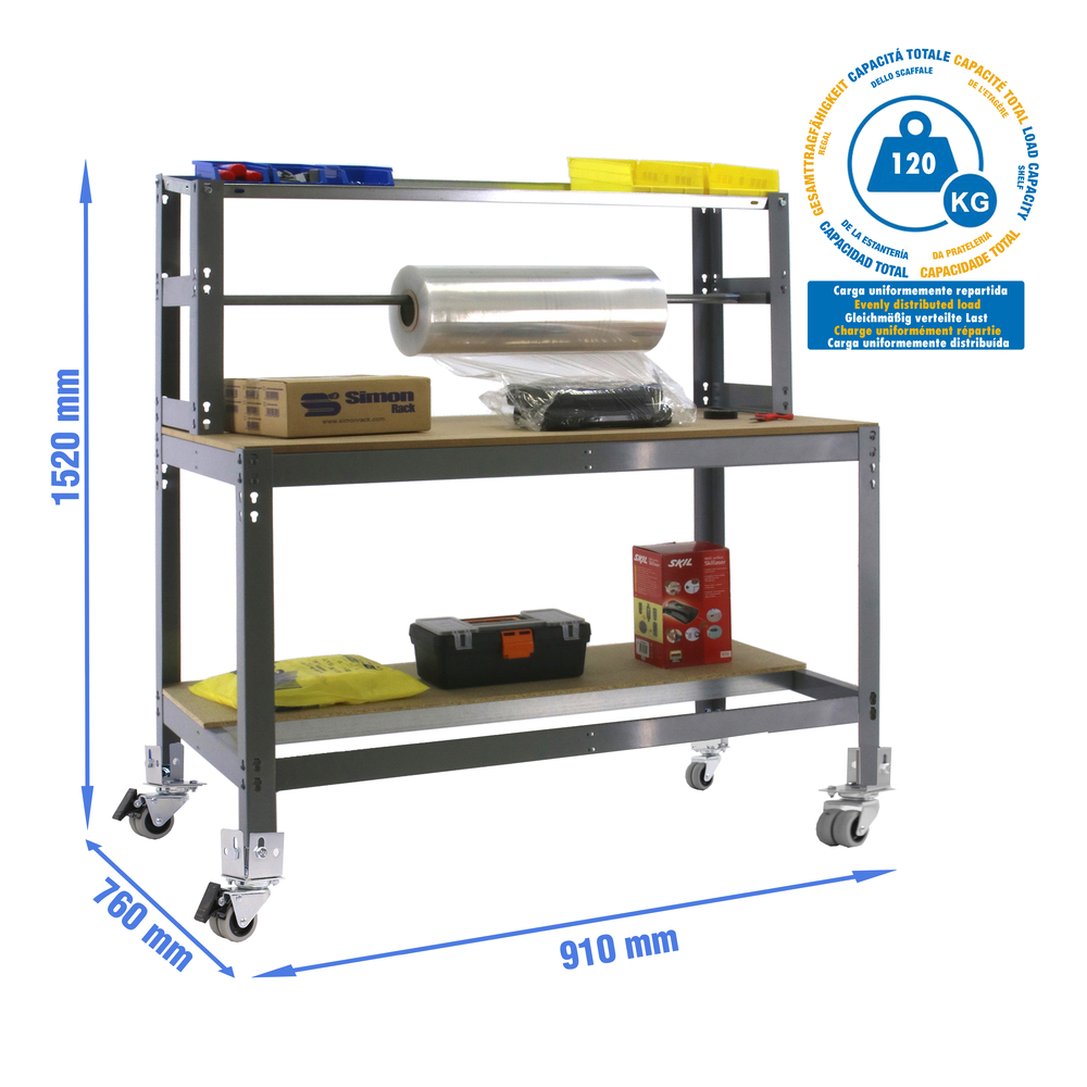 Kit établi mobile Bricolage - 1520x910x760 - 3 niveaux Gris/Bois - SIMON RACK - 8435104985168