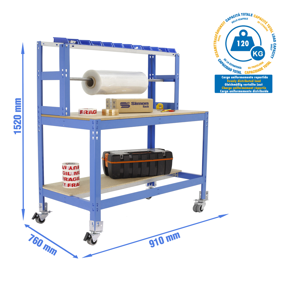Kit établi mobile Bricolage - 1520x910x760 - 3 niveaux Bleu/Bois - SIMON RACK - 8435104985182