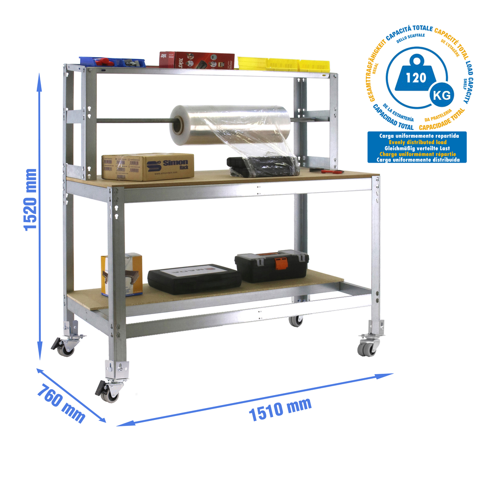 Kit établi mobile Bricolage - 1520x1510x760 - 3 niveaux Bois - SIMON RACK - 8435104985236