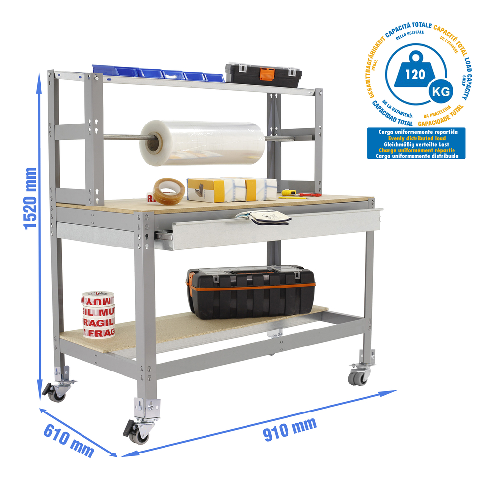 Kit établi mobile Bricolage - 1520x910x760 - 3 niveaux Gris/Bois - SIMON RACK - 8435104985250