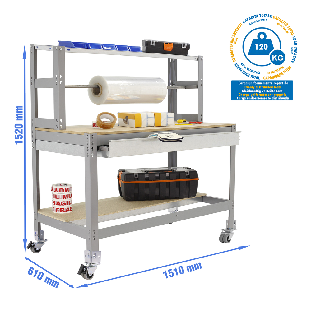 Kit établi mobile Bricolage - 1520x1510x760 - 3 niveaux Gris/Bois - SIMON RACK - 8435104985311