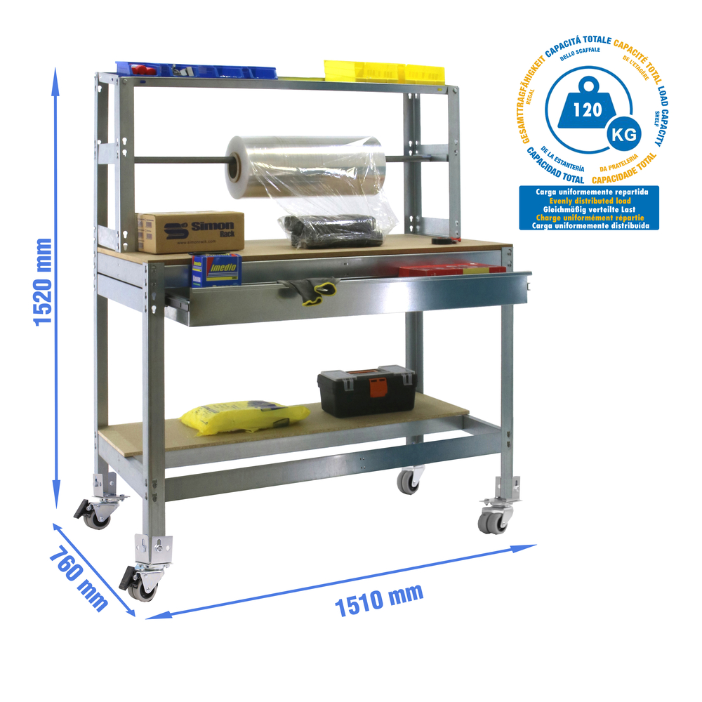 Kit établi mobile Bricolage - 1520x1510x760 - 3 niveaux Bois - SIMON RACK - 8435104985328
