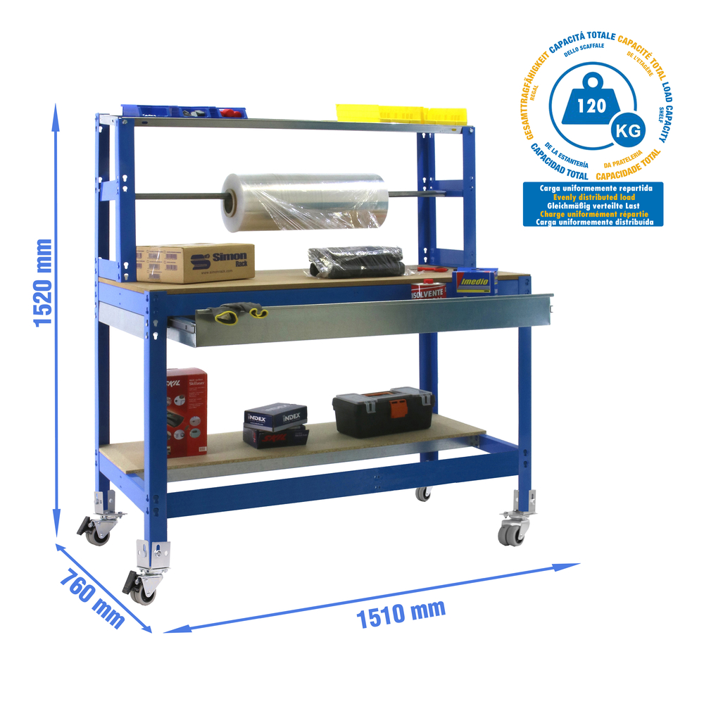 Kit établi mobile Bricolage - 1520x1510x760 - 3 niveaux Bleu/Bois - SIMON RACK - 8435104985335