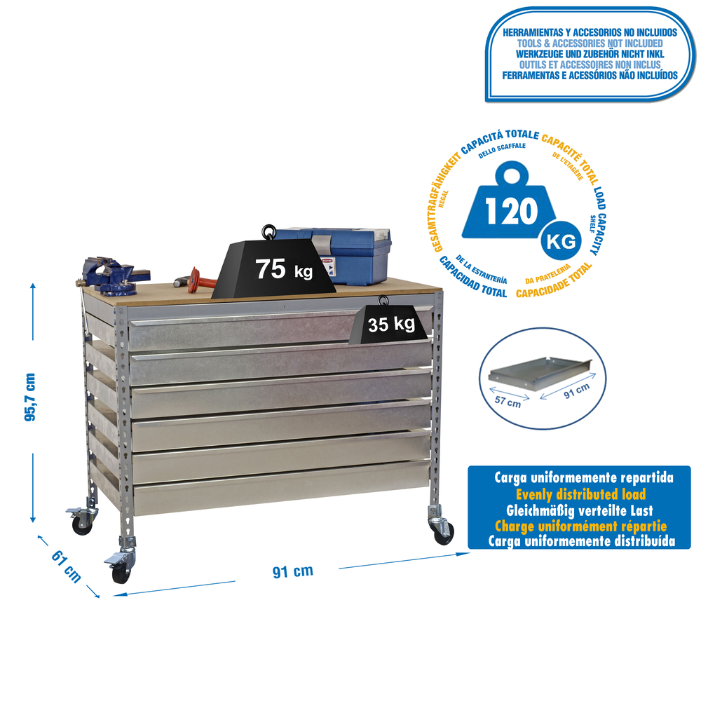 Kit établi mobile Bricolage - 917x910x610 - 1 niveau Gris/Bois - SIMON RACK - 8435104985342