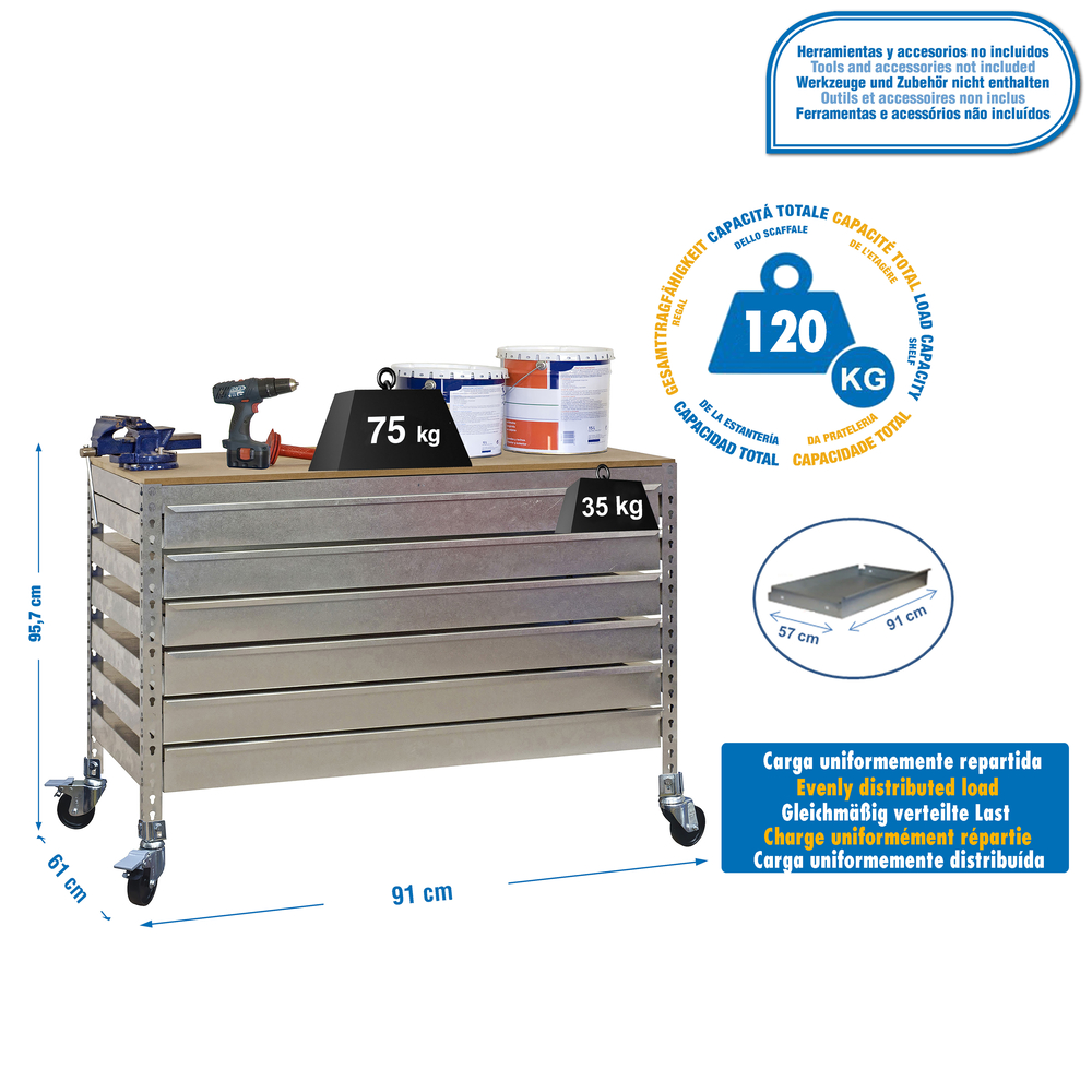 Kit établi mobile Bricolage - 917x910x610 - 1 niveau Bois - SIMON RACK - 8435104985359