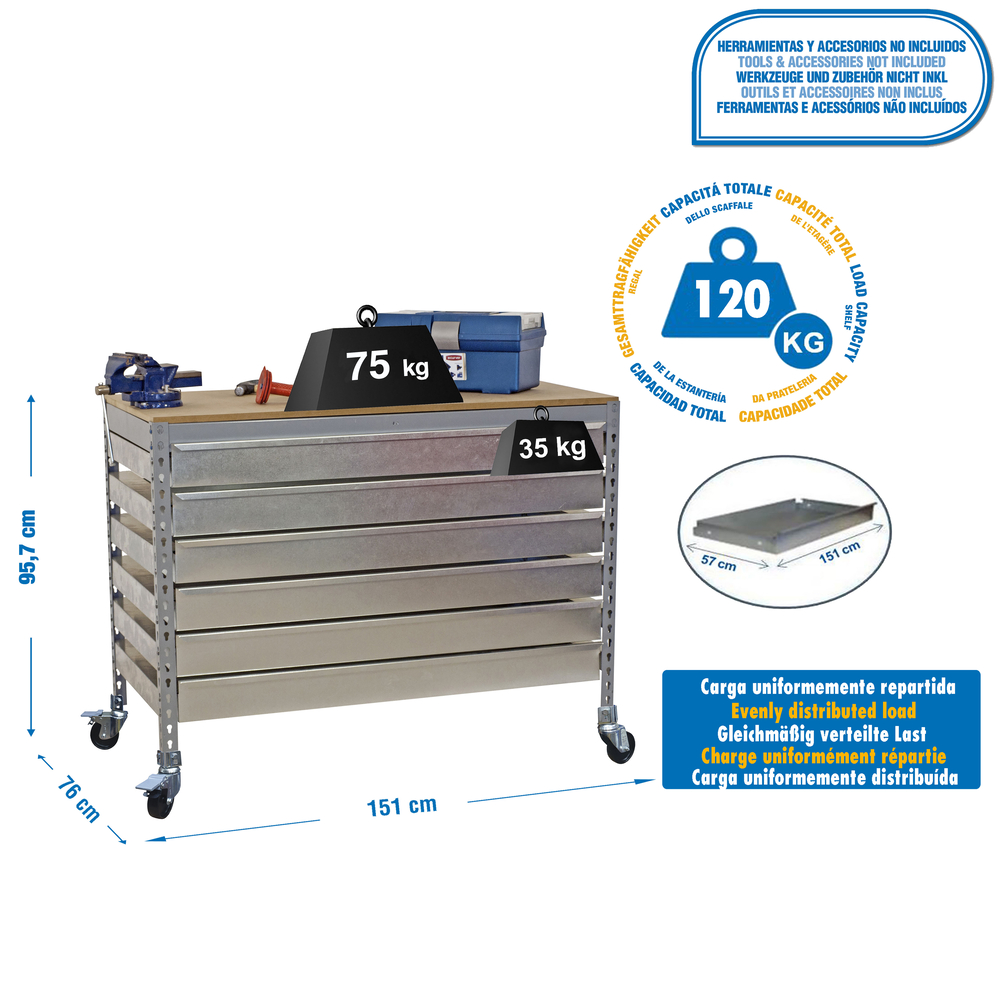 Kit établi mobile Bricolage - 917x1510x760 - 1 niveau Gris/Bois - SIMON RACK - 8435104985403