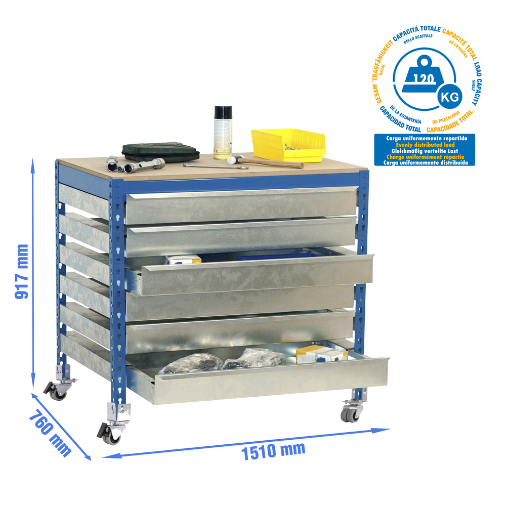Kit établi mobile Bricolage - 917x1510x760 - 1 niveau Bleu/Bois - SIMON RACK - 8435104985427