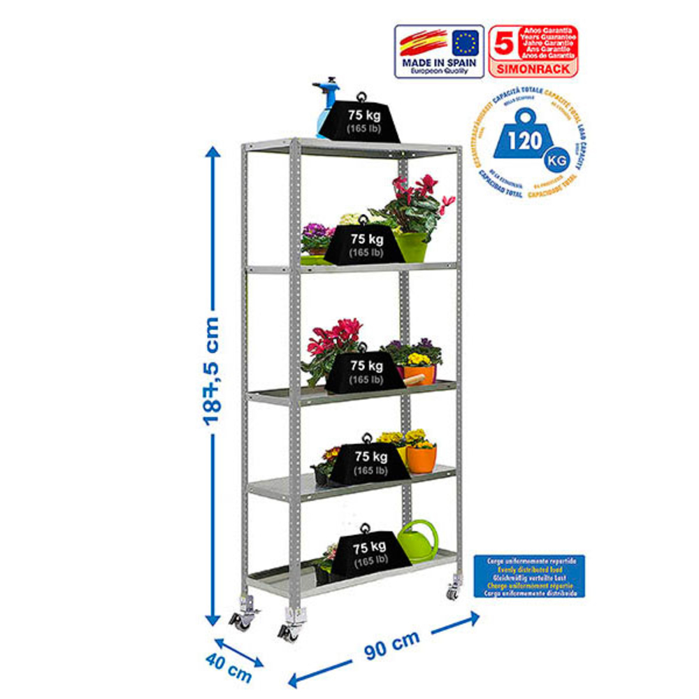 Étagère mobile de jardin - 1875x900x400 - 5 niveaux Gris - SIMON RACK - 8435104987643