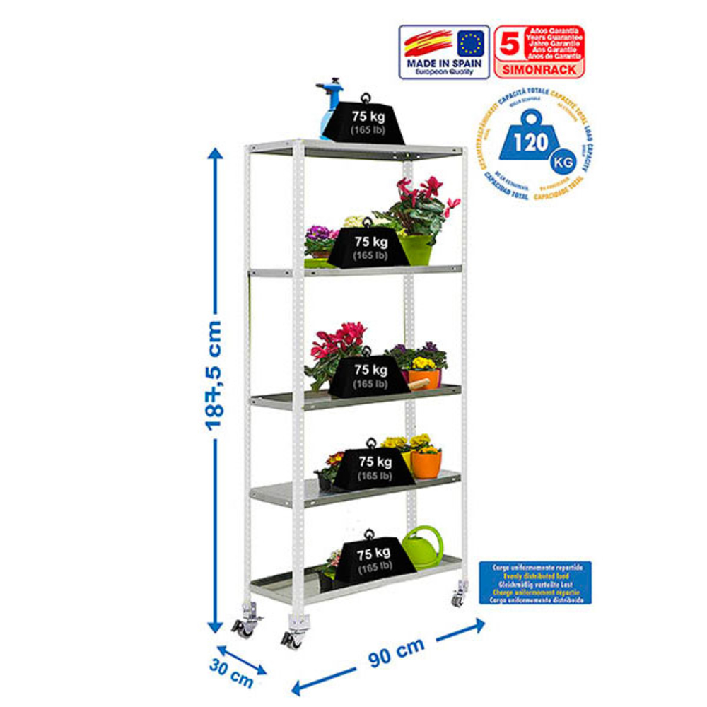 Étagère mobile de jardin - 1875x900x300 - 5 niveaux Blanc - SIMON RACK - 8435104987667