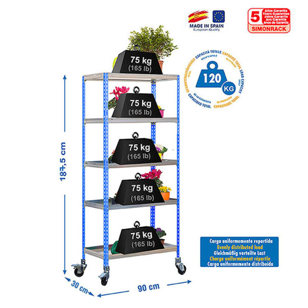 Étagère mobile de jardin - 1875x900x300 - 5 niveaux Bleu - SIMON RACK - 8435104987872