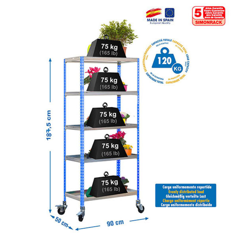 Étagère mobile de jardin - 1875x900x500 - 5 niveaux Bleu - SIMON RACK - 8435104987896