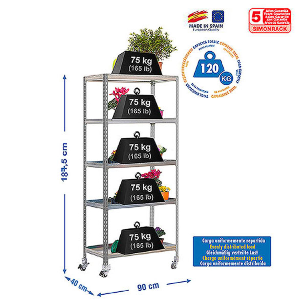 Étagère mobile de jardin - 1875x900x400 - 5 niveaux Gris - SIMON RACK - 8435104987940