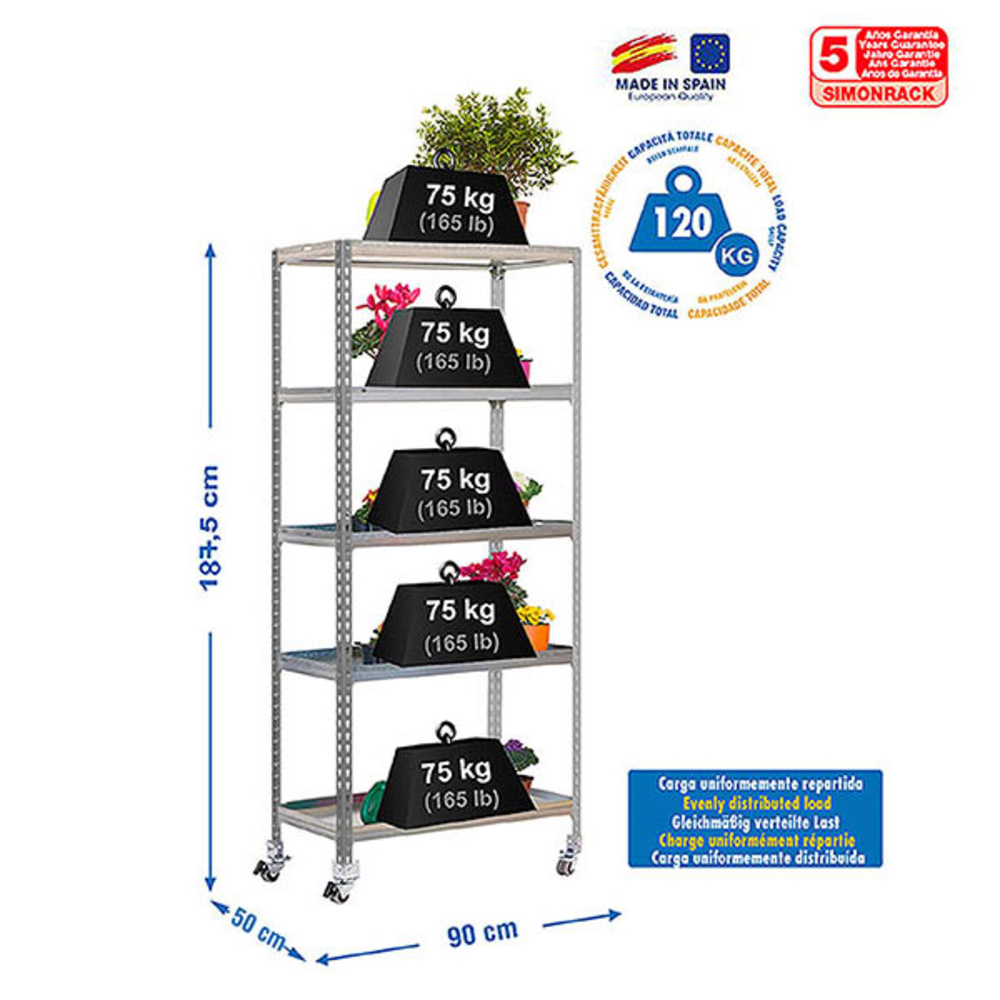 Étagère mobile de jardin - 1875x900x500 - 5 niveaux Gris - SIMON RACK - 8435104987957