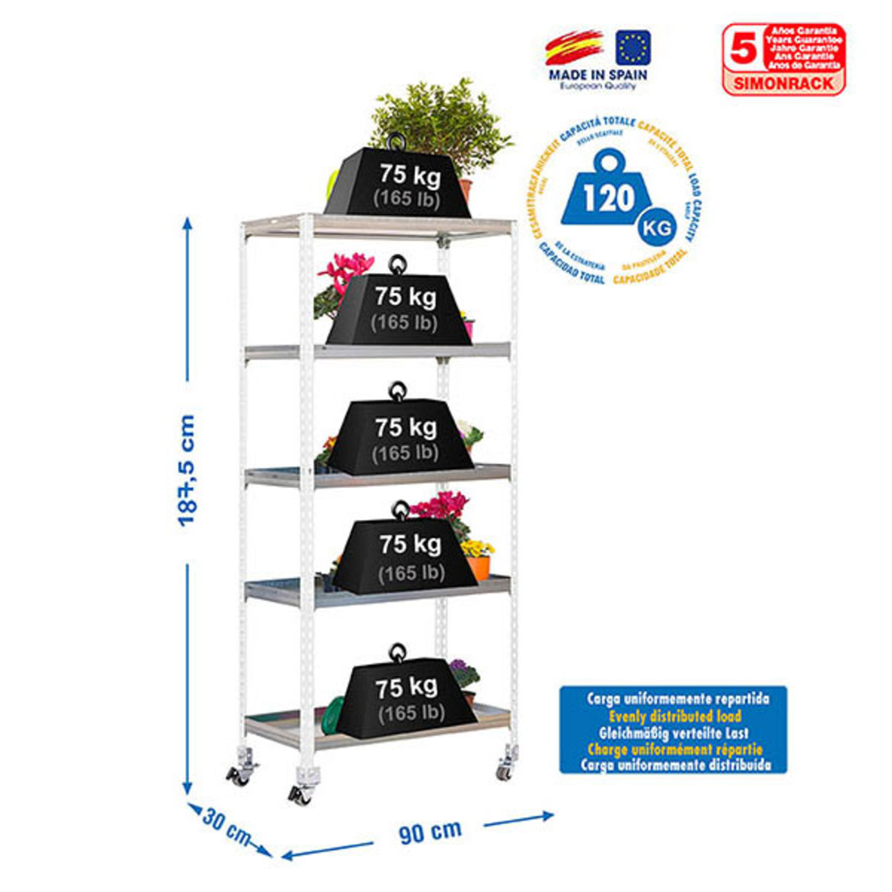 Étagère mobile de jardin - 1875x900x300 - 5 niveaux Blanc - SIMON RACK - 8435104987964