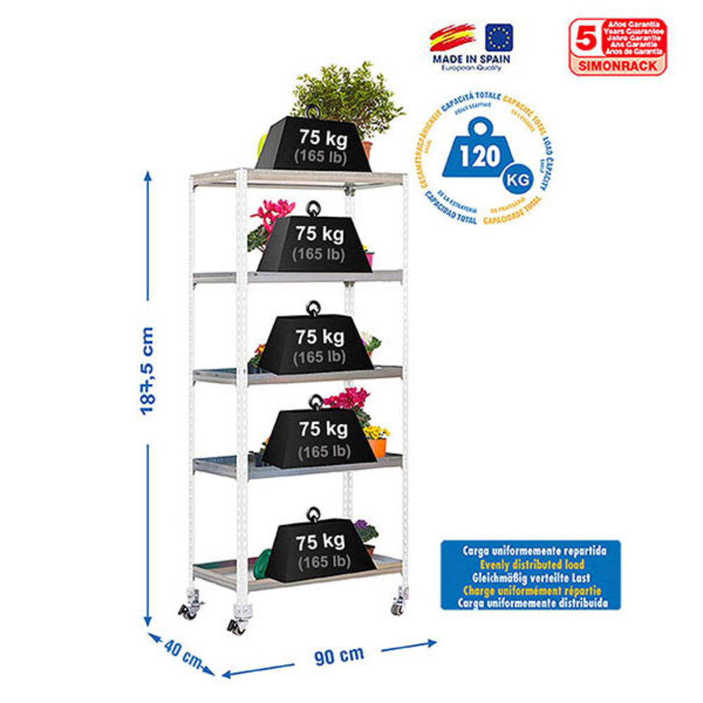 Étagère mobile de jardin - 1875x900x400 - 5 niveaux Blanc - SIMON RACK - 8435104987971
