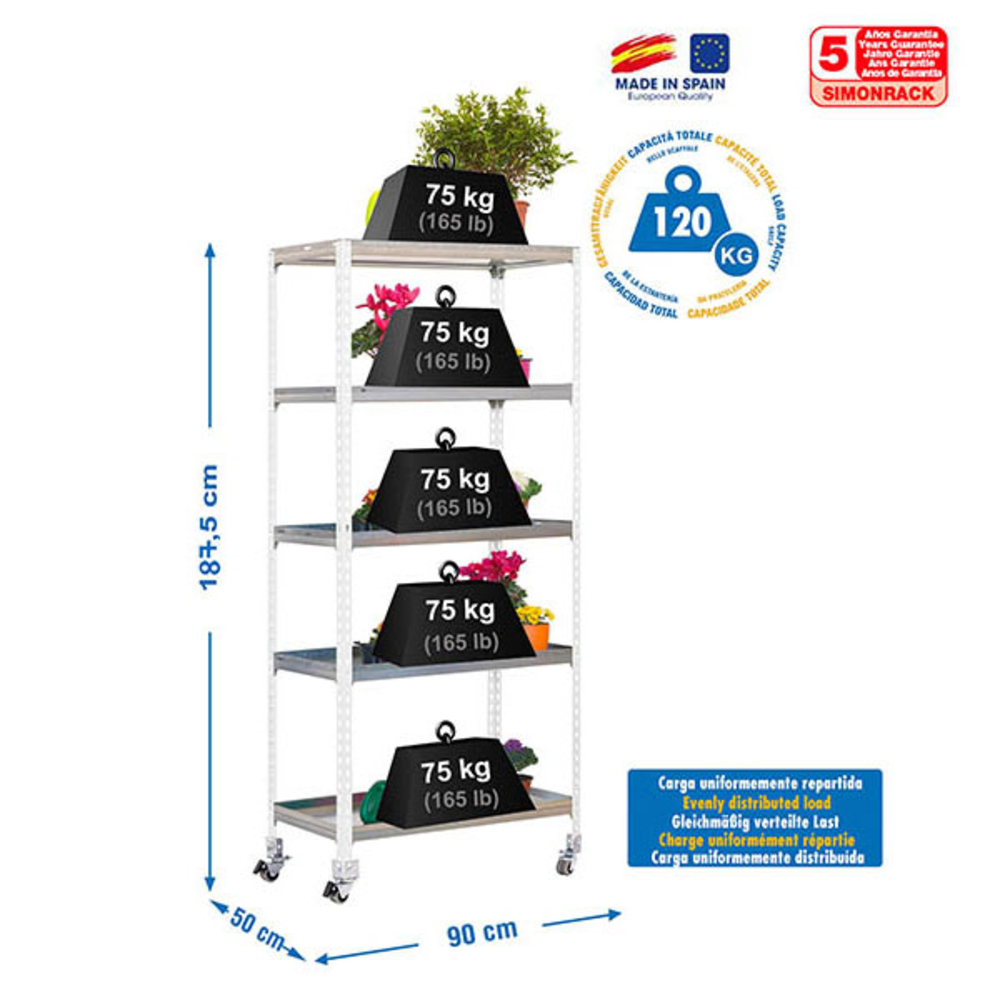 Étagère mobile de jardin - 1875x900x500 - 5 niveaux Blanc - SIMON RACK - 8435104987988