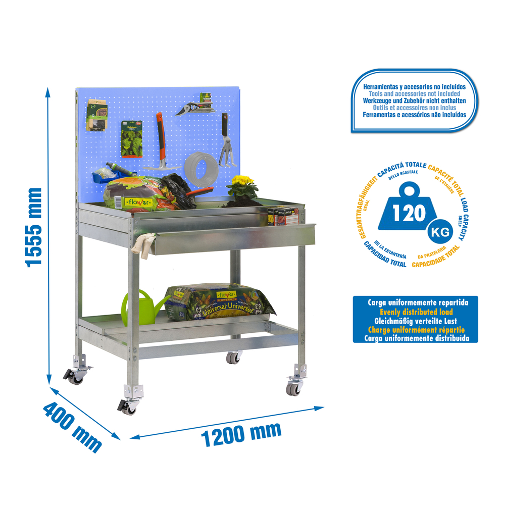 Établi de jardin - 1520x1200x400 - 2 niveaux Bleu - SIMON RACK - 8435104988572