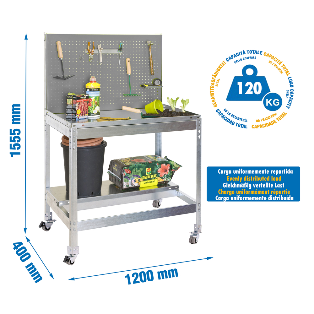 Établi de jardin - 1520x1200x400 - 2 niveaux Gris - SIMON RACK - 8435104988619