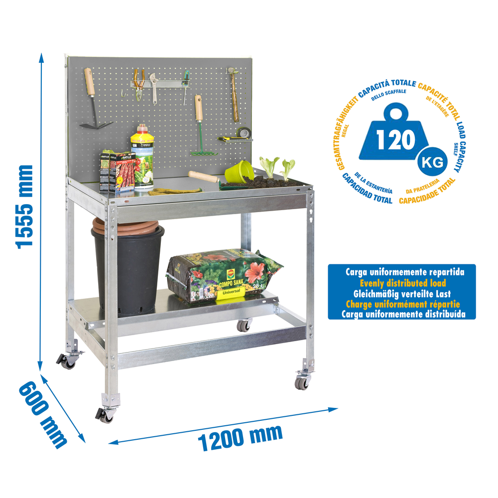Établi de jardin - 1520x1200x600 - 2 niveaux Gris - SIMON RACK - 8435104988626