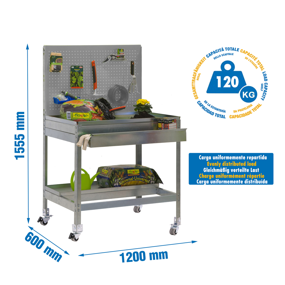 Établi de jardin - 1520x1200x600 - 2 niveaux Gris - SIMON RACK - 8435104988664