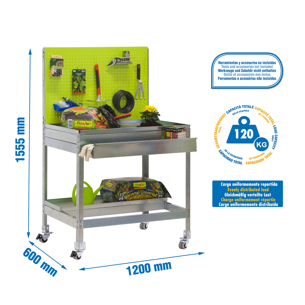 Établi de jardin - 1520x1200x600 - 2 niveaux Vert - SIMON RACK - 8435104988893