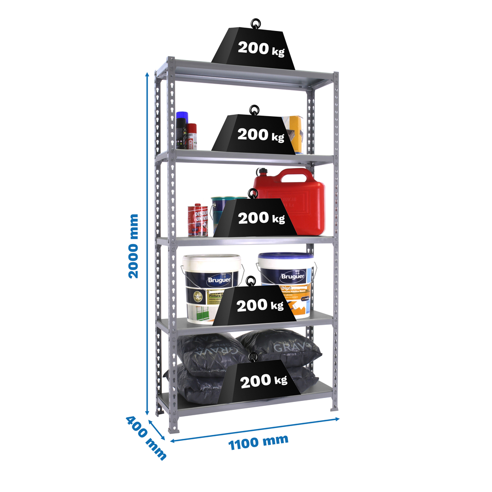 Rayonnage métallique léger sans vis 2000x1100x400 - 5 niveaux Gris - SIMON RACK - 8435104990193