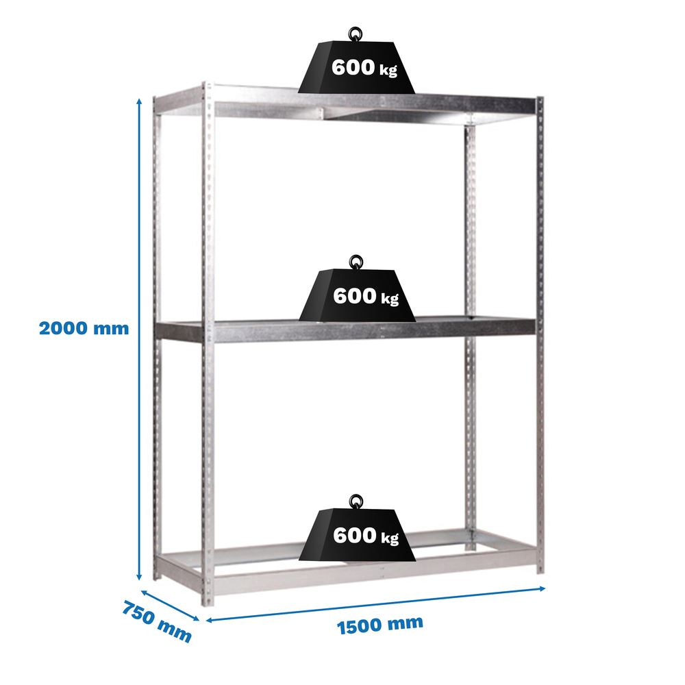 Étagère charge moyenne 500 à 600kg - 2000x1500x750 - 3 niveaux Galvanisé - SIMON RACK - 8435104990308
