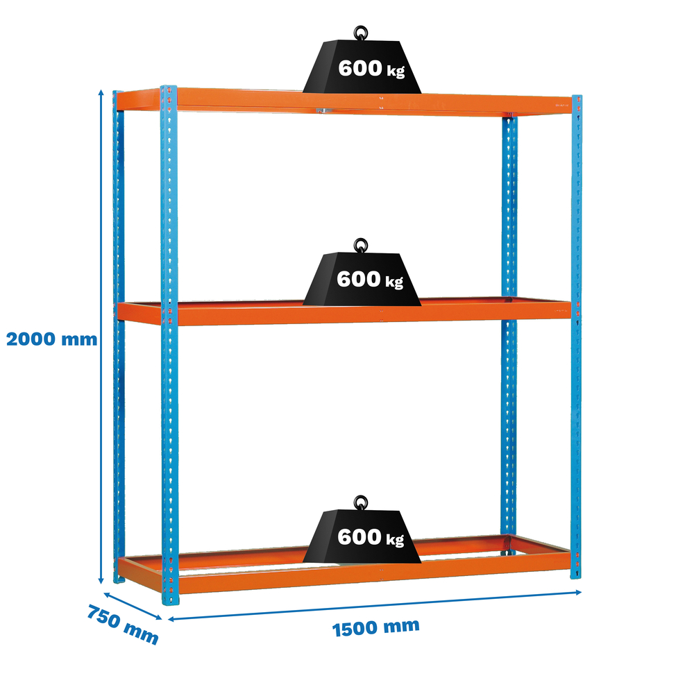 Étagère charge moyenne 500 à 600kg - 2000x1500x750 - 3 niveaux Bleu/Orange - SIMON RACK - 8435104990315