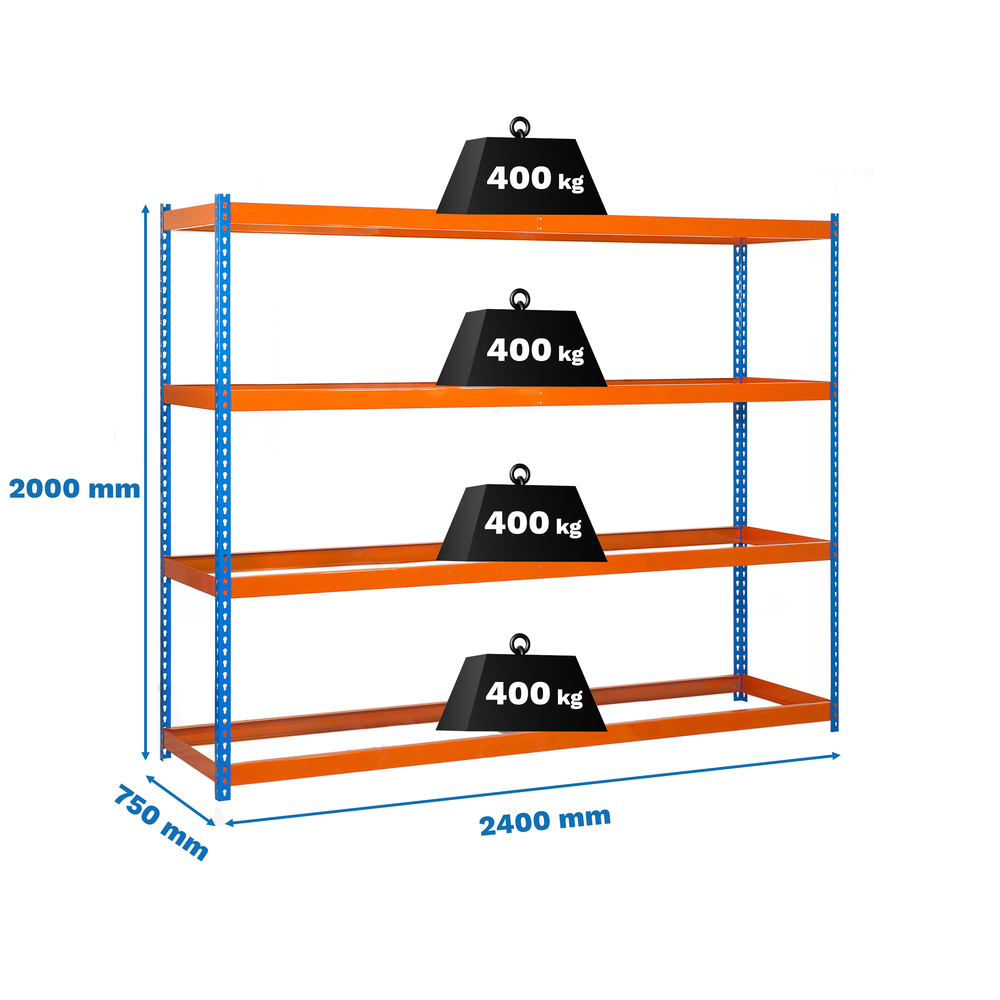 Étagère charge moyenne 500 à 600kg - 2000x2400x750 - 4 niveaux Bleu/Orange - SIMON RACK - 8435104990414