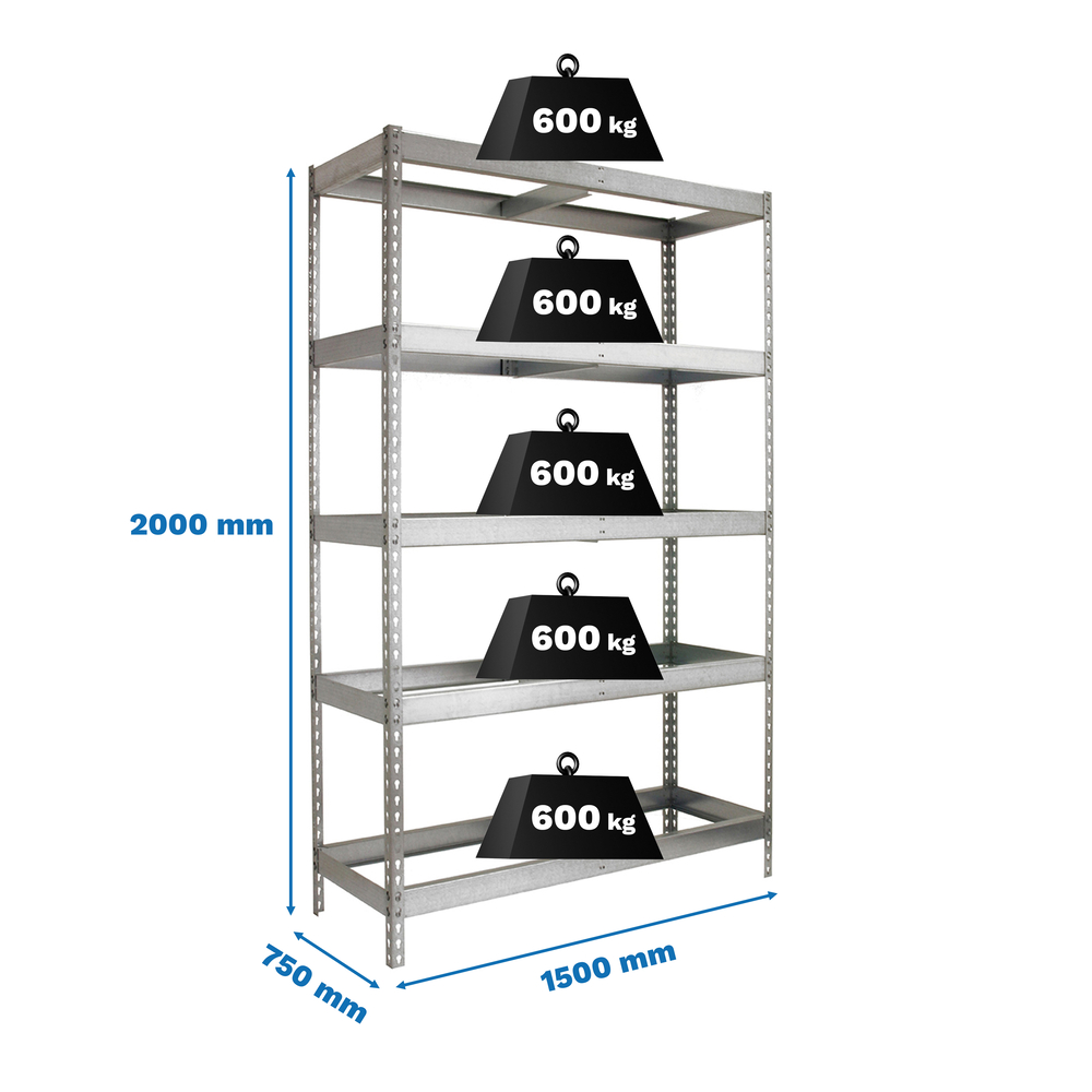 Étagère charge moyenne 500 à 600kg - 2000x1500x750 - 5 niveaux Galvanisé - SIMON RACK - 8435104990421