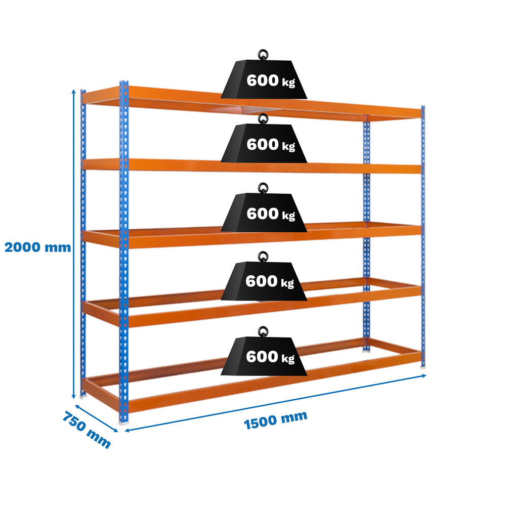Étagère charge moyenne 500 à 600kg - 2000x1500x750 - 5 niveaux Bleu/Orange - SIMON RACK - 8435104990438