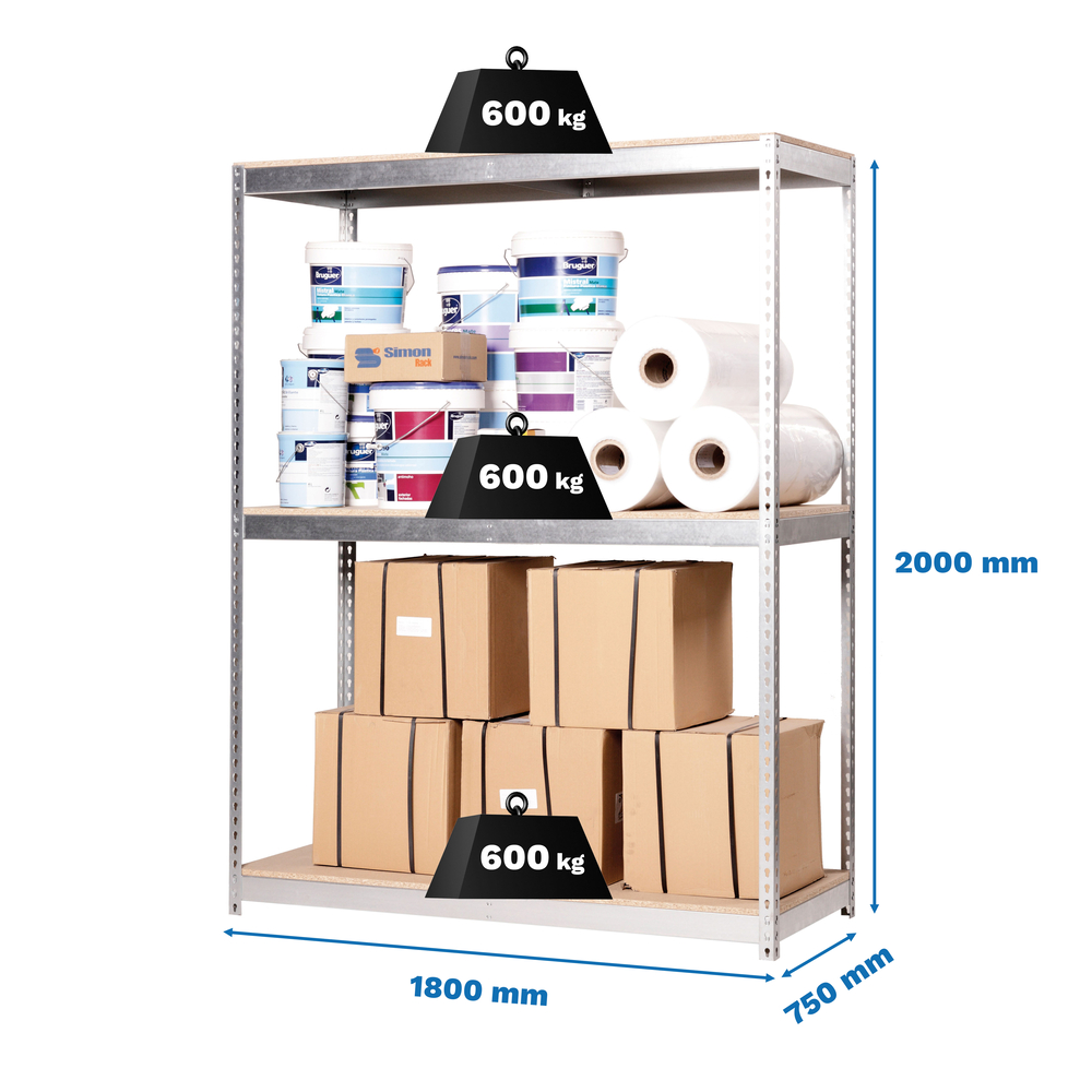Étagère charge moyenne 500 à 600kg - 2000x1800x750 - 3 niveaux Bois - SIMON RACK - 8435104990568