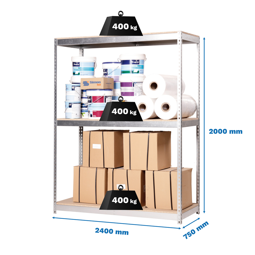 Étagère charge moyenne 500 à 600kg - 2000x2400x750 - 3 niveaux Bois - SIMON RACK - 8435104990582