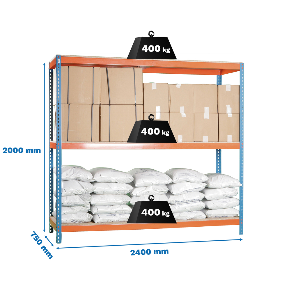 Étagère charge moyenne 500 à 600kg - 2000x2400x750 - 3 niveaux Bleu/Orange/Bois - SIMON RACK - 8435104990599