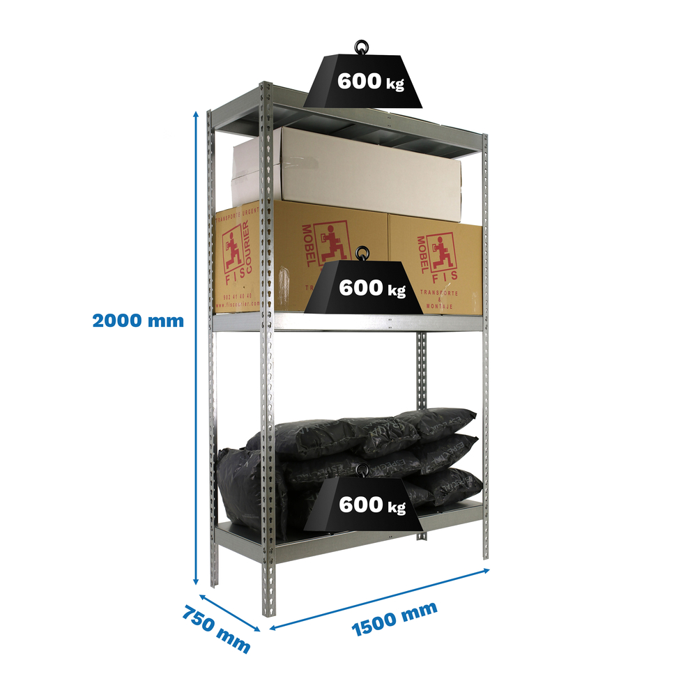 Étagère charge moyenne 500 à 600kg - 2000x1500x750 - 3 niveaux Galvanisé - SIMON RACK - 8435104990780