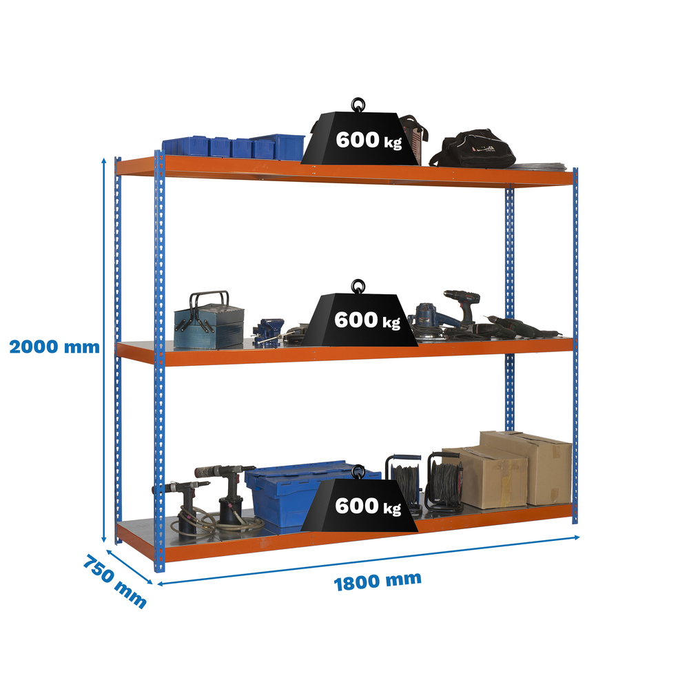 Étagère charge moyenne 500 à 600kg - 2000x1800x750 - 3 niveaux Bleu/Orange - SIMON RACK - 8435104990810